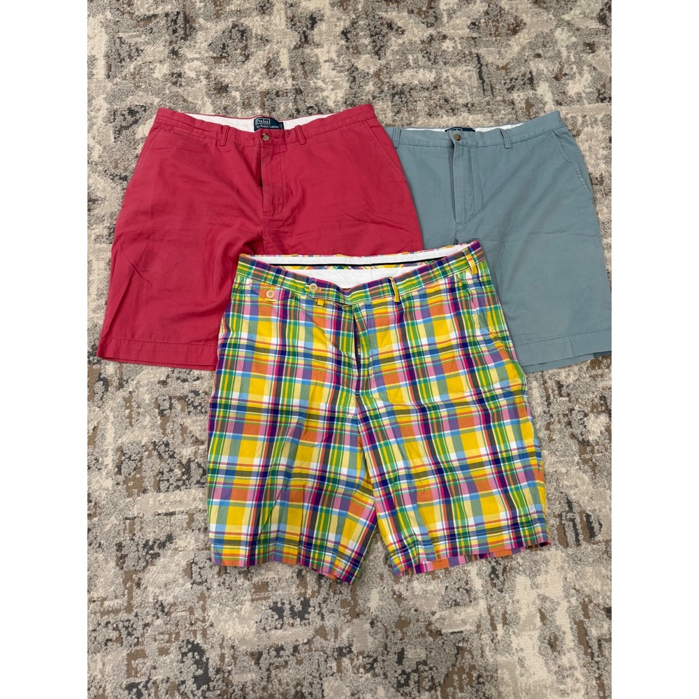 Polo Ralph Lauren Mens Shorts Bundle Size 36 Pink Blue Plaid Golf Chino 3 Pack